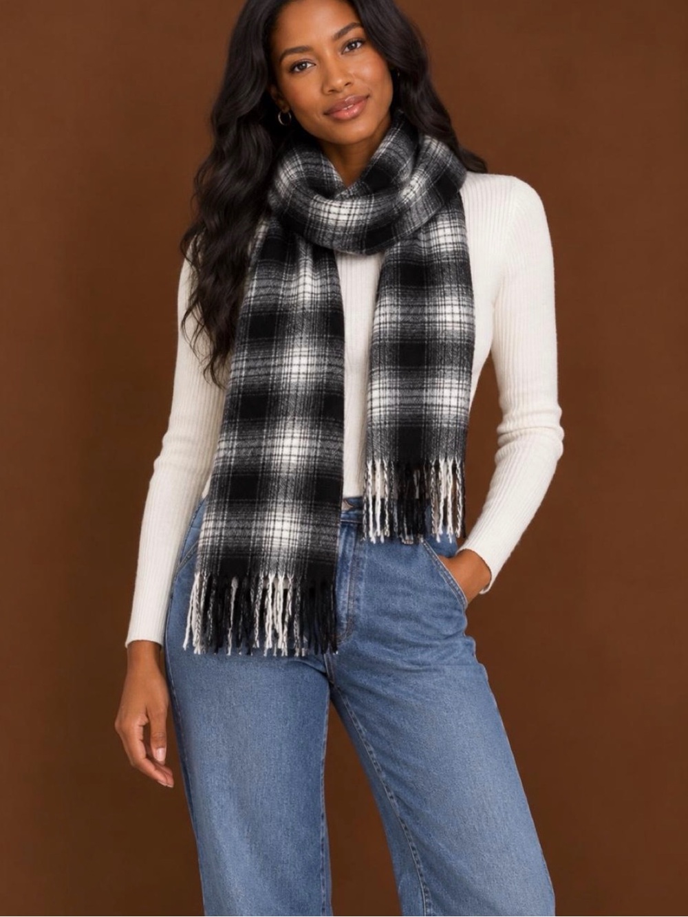 H&M Black and White Plaid Fringed Scarf
